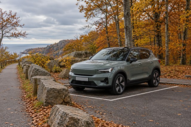 En generisk elbil på en afmærket parkeringsplads ved en efterårsskov. Genrebillede.