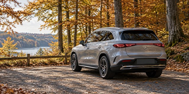 Elektrisk SUV parkeret ved en efterårsskov