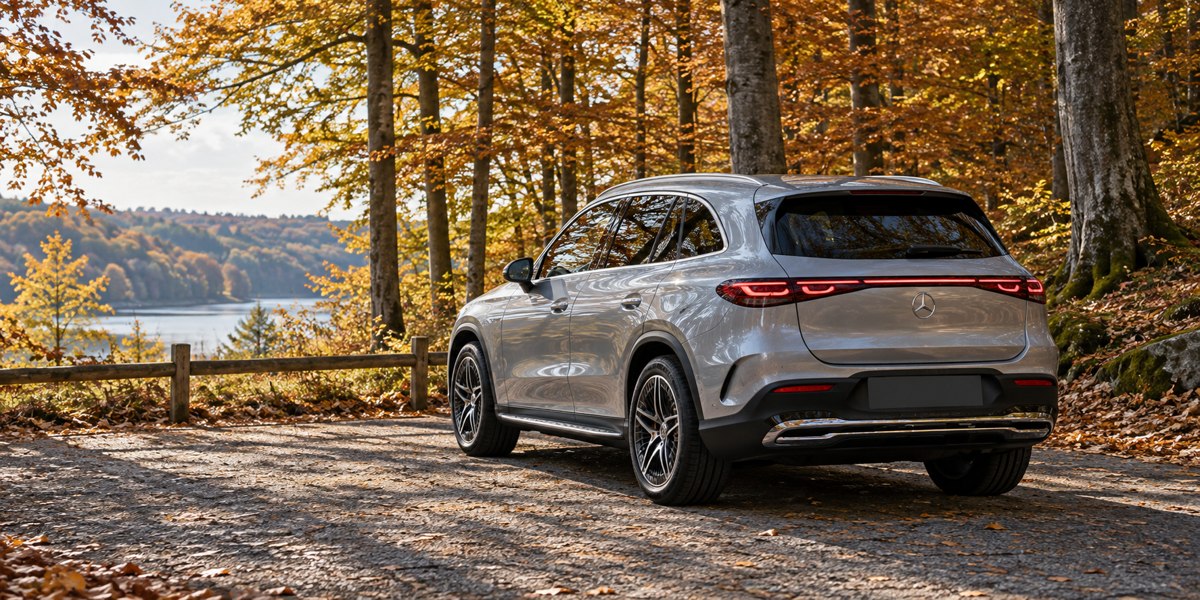 Elektrisk SUV parkeret ved en efterårsskov
